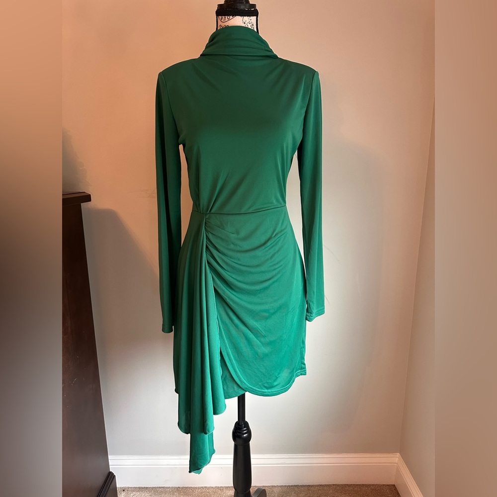 Aqua Green Long Sleeve Jersey Mock Neck Wrap Skirt Dress - Size Small
